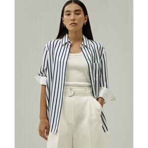 LILYSILK Oversized Palma Stripe Silk Button Down Shirt, Size Small, White & Blue